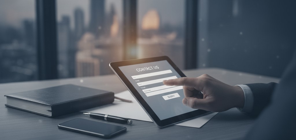 A person using a tablet to access the contact form, symbolizing easy communication with the law firm.