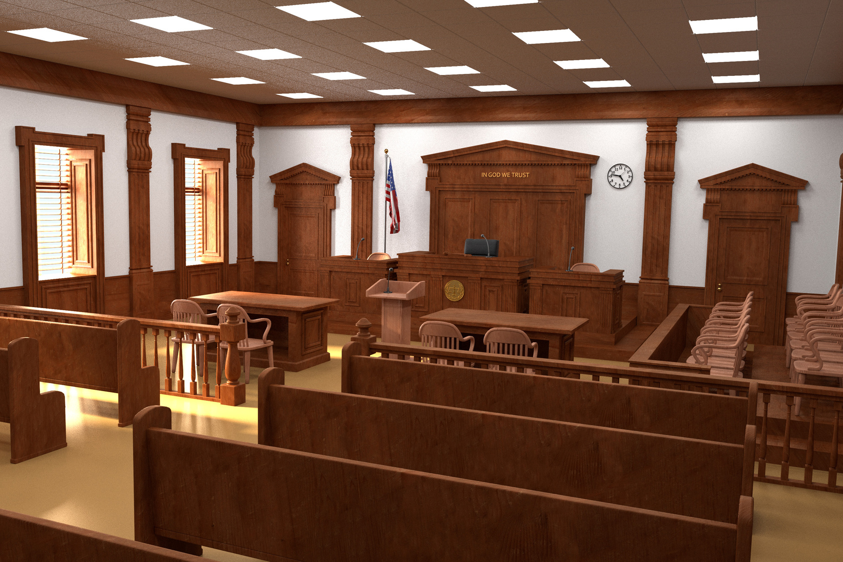 An empty courtroom, symbolizing the legal challenges faced by clients.